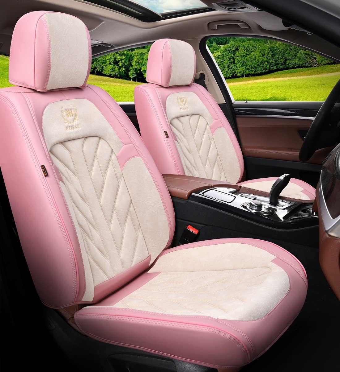 Leather Seat Covers 5-Seater Full Set Black Pink S12307