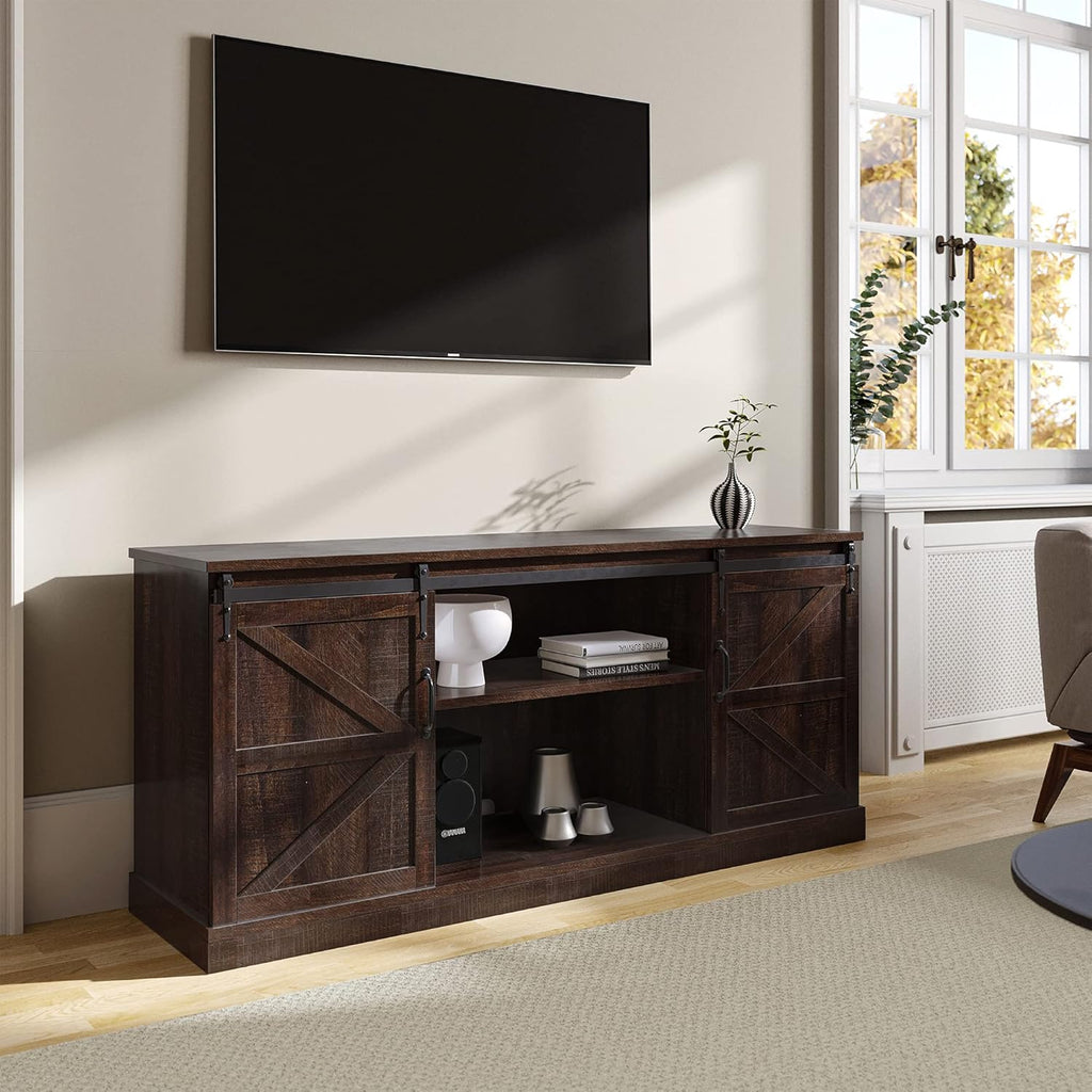 60 Inch Farmhouse TV Stand with Adjustable Shelves and Barn Doors I869