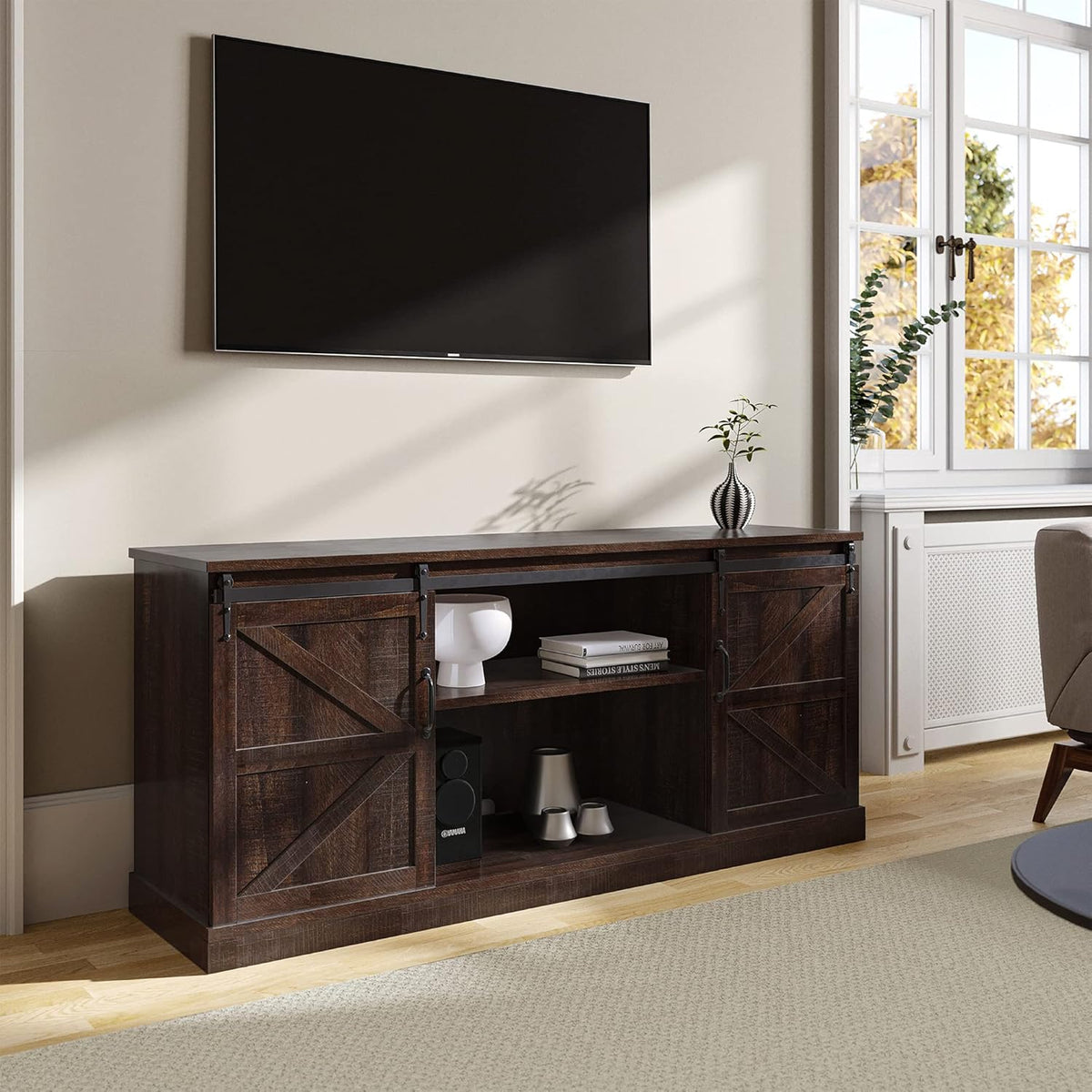 60 Inch Farmhouse TV Stand with Adjustable Shelves and Barn Doors I869
