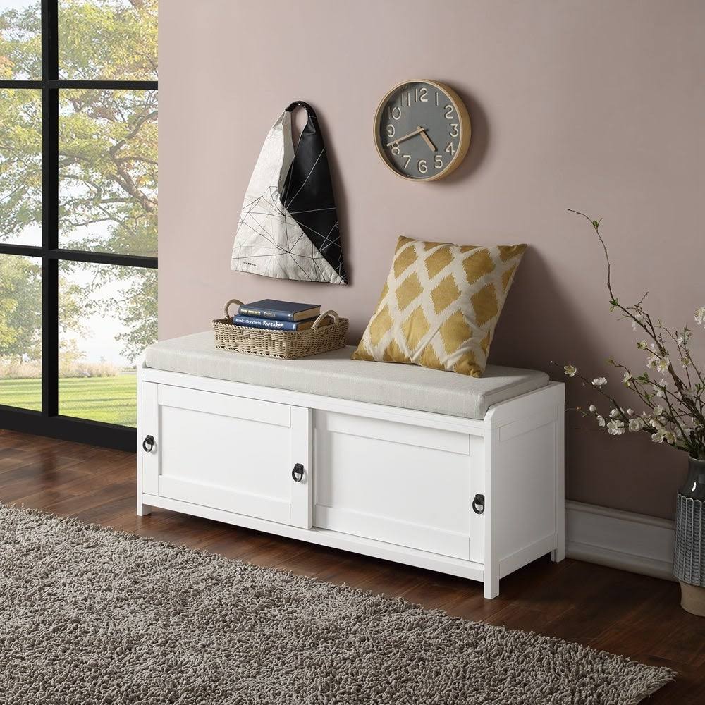 White Wood Storage Bench with Cabinets L52063