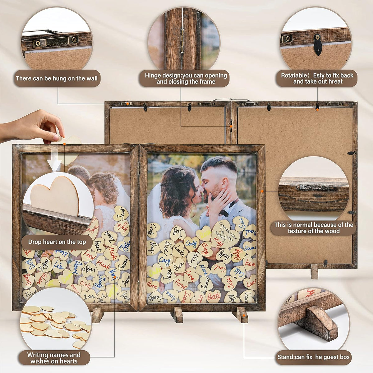 Wooden Drop Top Box Picture Frame with 160 Wooden Hearts A895