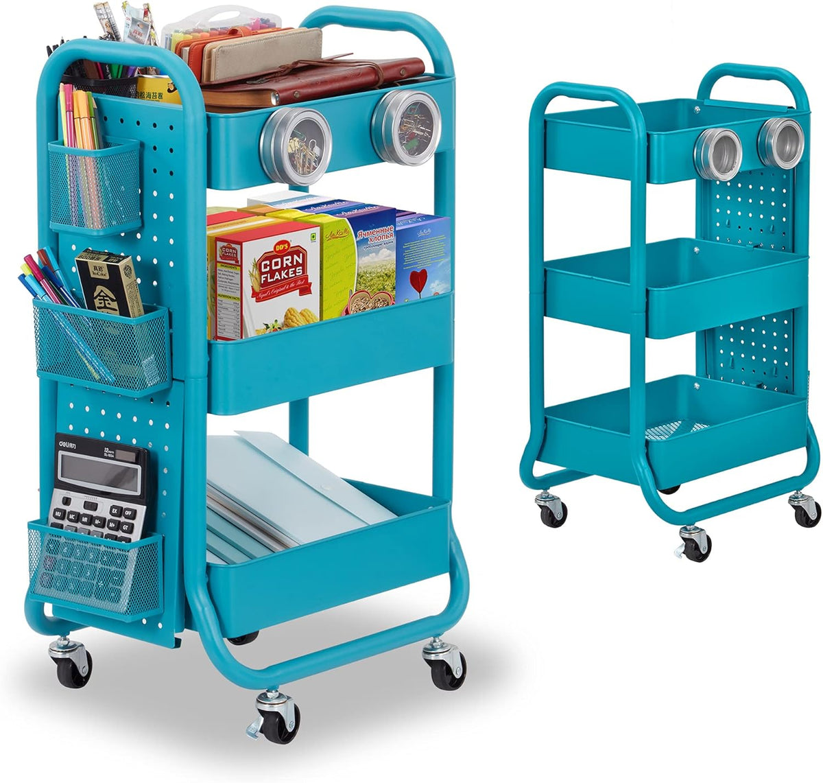 3-Tier Metal Rolling Cart with Pegboard and Handle R2211
