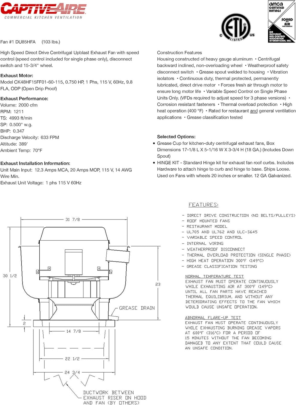 High Speed Direct Drive Centrifugal Upblast Exhaust Fan with Speed Control S7005