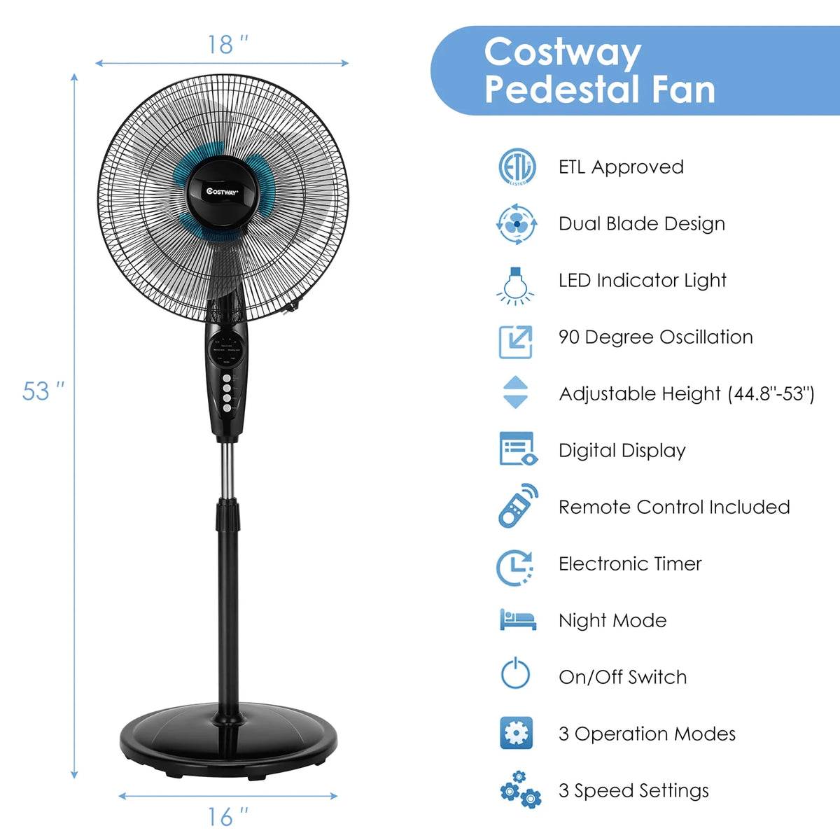 16'' Adjustable Oscillating Pedestal Fan Dual Blades with Remote Control S216