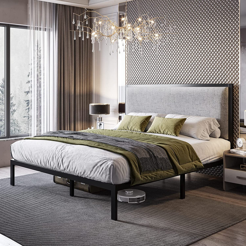 Queen Size Grey Metal Platform Bed Frame with Fabric Upholstered Headboard J239646