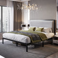 Queen Size Grey Metal Platform Bed Frame with Fabric Upholstered Headboard J239646