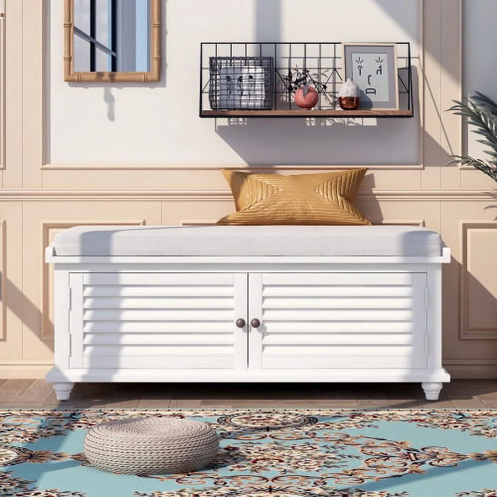 White Wooden Storage Bench with Removable Cushion I478