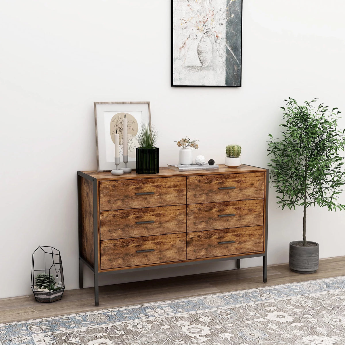 Rustic Brown 6 Drawer Wood Dresser S538