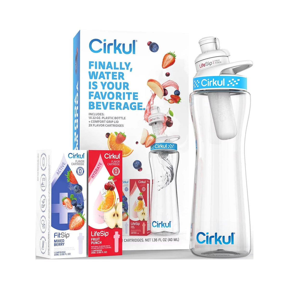 22oz Plastic Water Bottle Starter Kit with Blue Lid and 2 Flavor Cartridges S666742