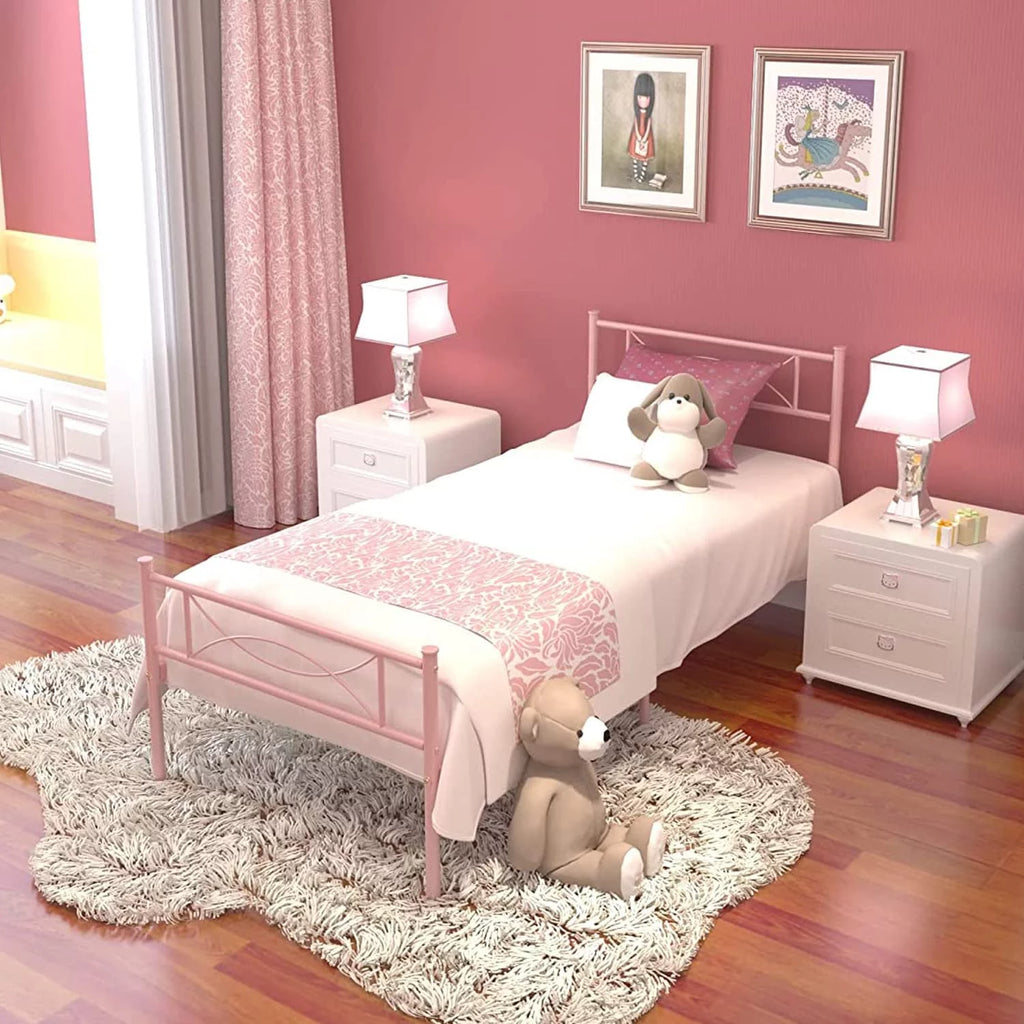 Pink Twin Metal Platform Bed with Headboard and Footboard J6880