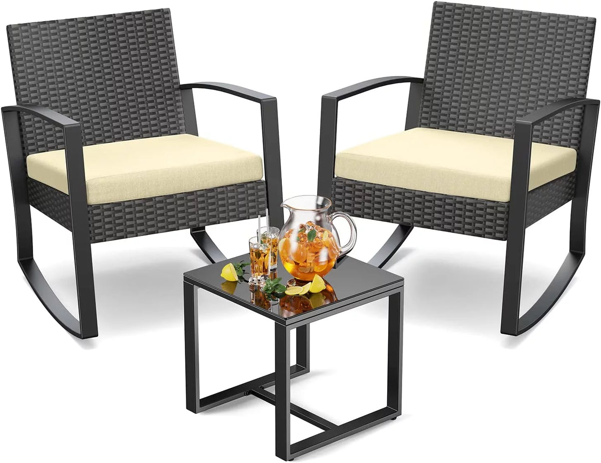 Patio Chairs Set with Glass Coffee Table and Gray Cushion W83285