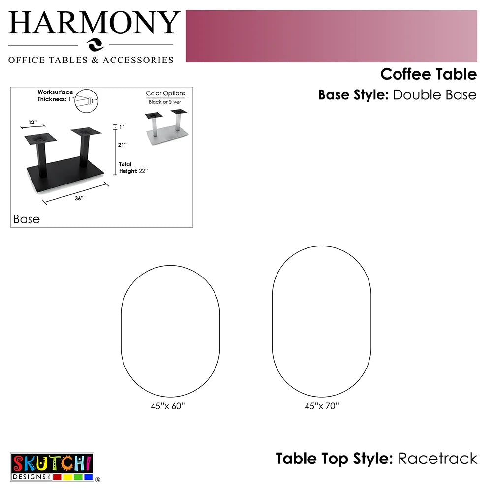 Racetrack Shaped Coffee Table with Double Post Metal Base 45x70 Y60796