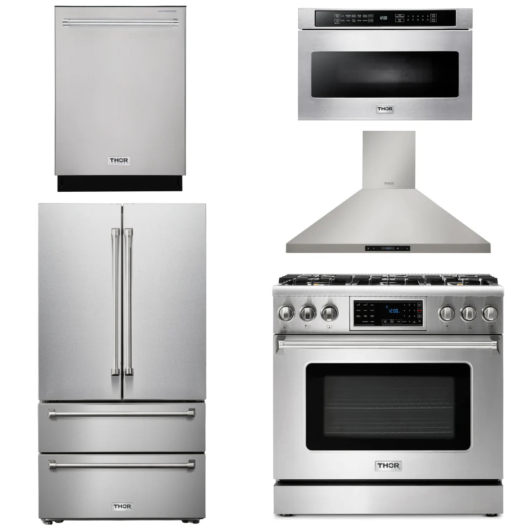 36 Propane Gas Range, Range Hood, Microwave, Refrigerator, Dishwasher T31137
