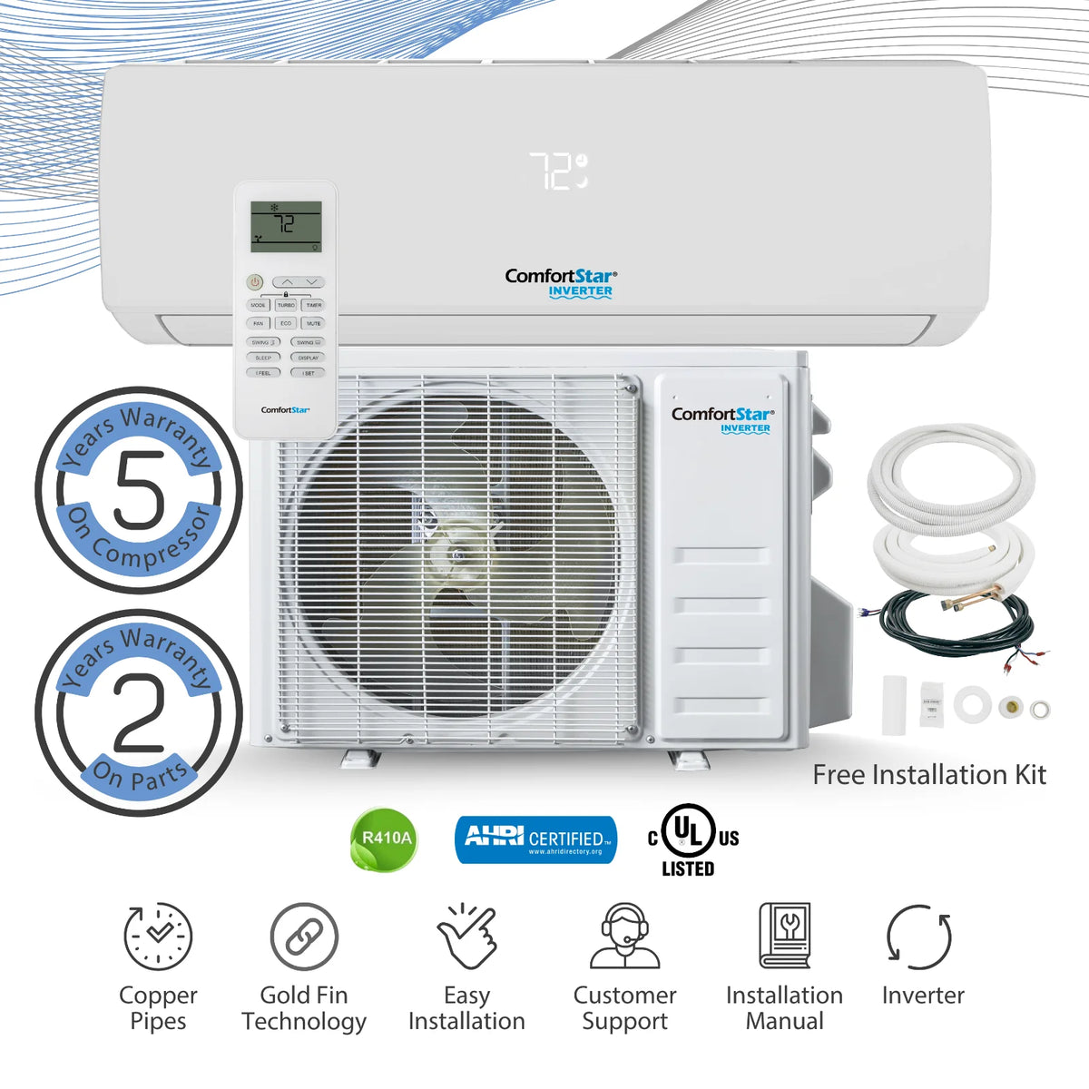 18,000 BTU 17 SEER2 Ductless Mini-Split Air Conditioner Heat Pump 220V D49592