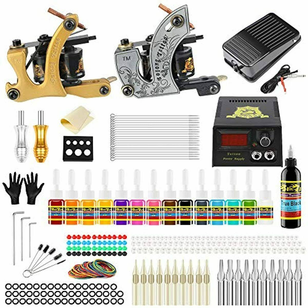 Complete Starter Tattoo Kit 2 Machine Guns 14 Inks Power Supply Q5225