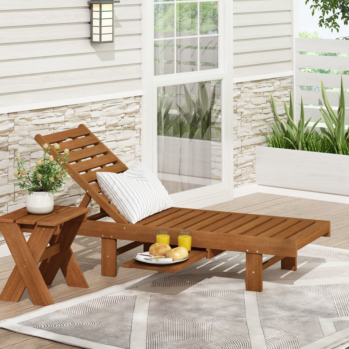 Natural Hardwood Outdoor Sun Lounger with Tray J83718