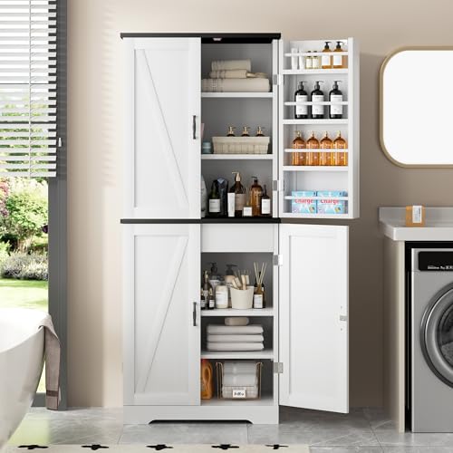 White Freestanding Kitchen Pantry Cabinet with 8 Door Shelves, 2 Cabinets and 1 Drawer O8366