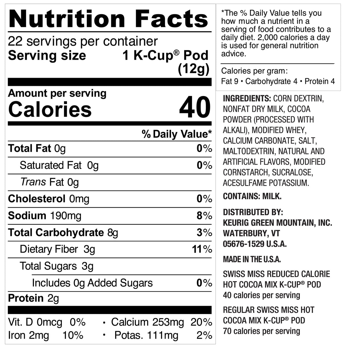 Reduced Calorie Hot Cocoa K-Cup Pods 22 Ct H86255