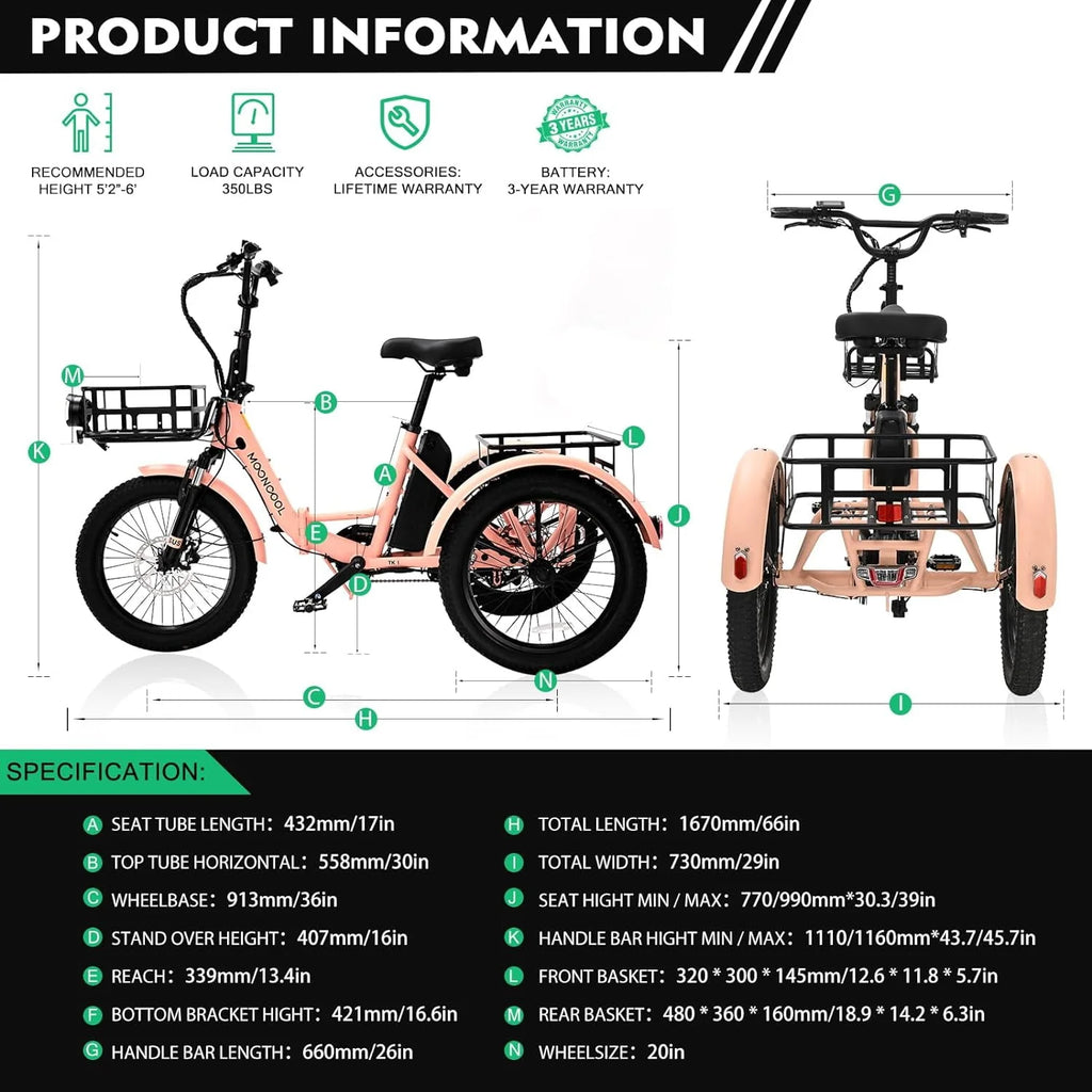 24 26 3 Wheel 350W 36V 7 Speeds Electric Tricycle with Large Basket K945