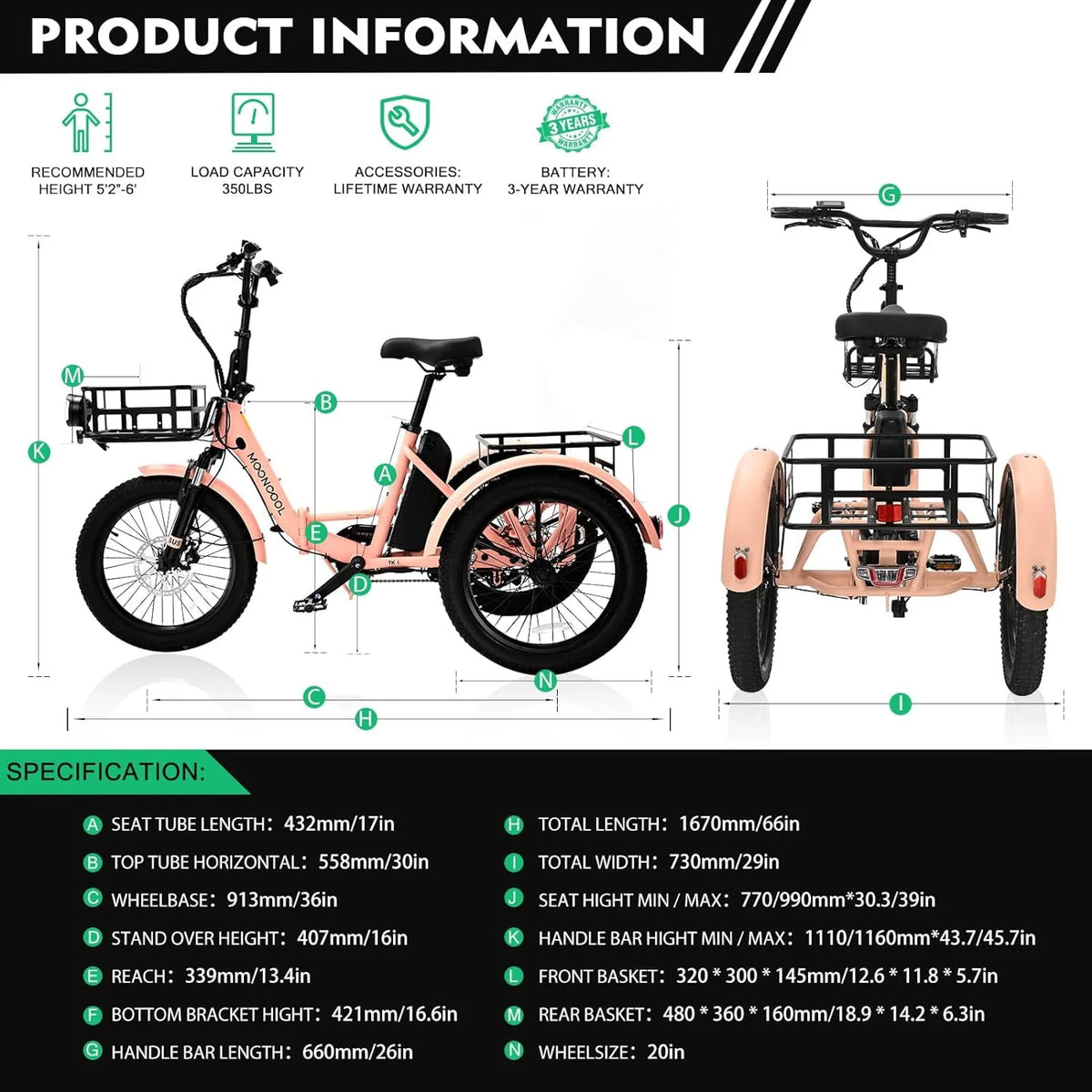 24 26 3 Wheel 350W 36V 7 Speeds Electric Tricycle with Large Basket K945