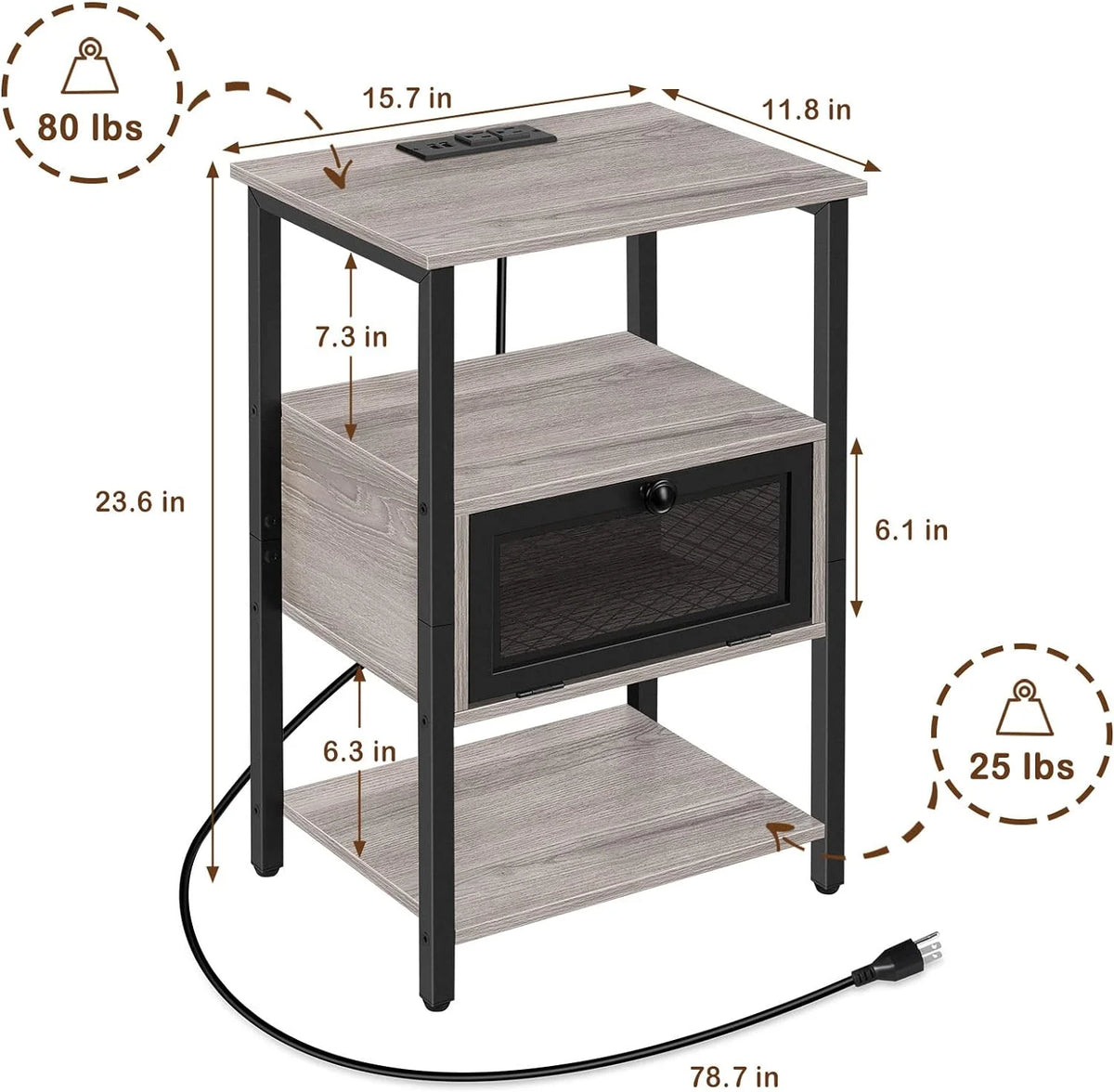 Brown Nightstand with Charging Drawer L578