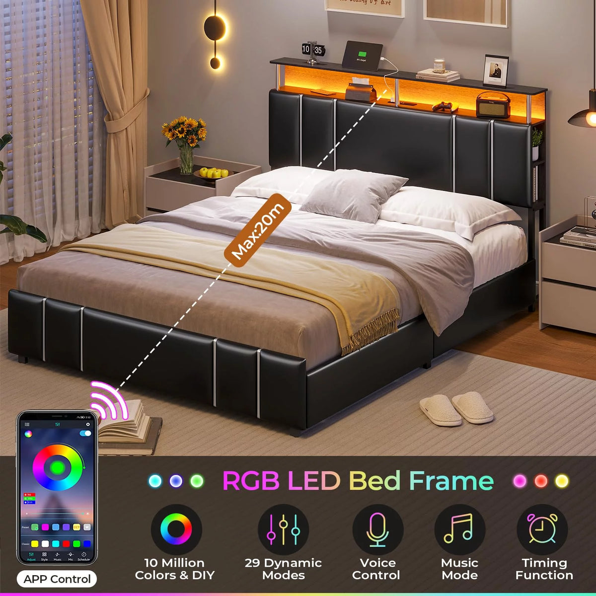 Full Size LED Upholstered Platform Bed with 4 Storage Drawer I886
