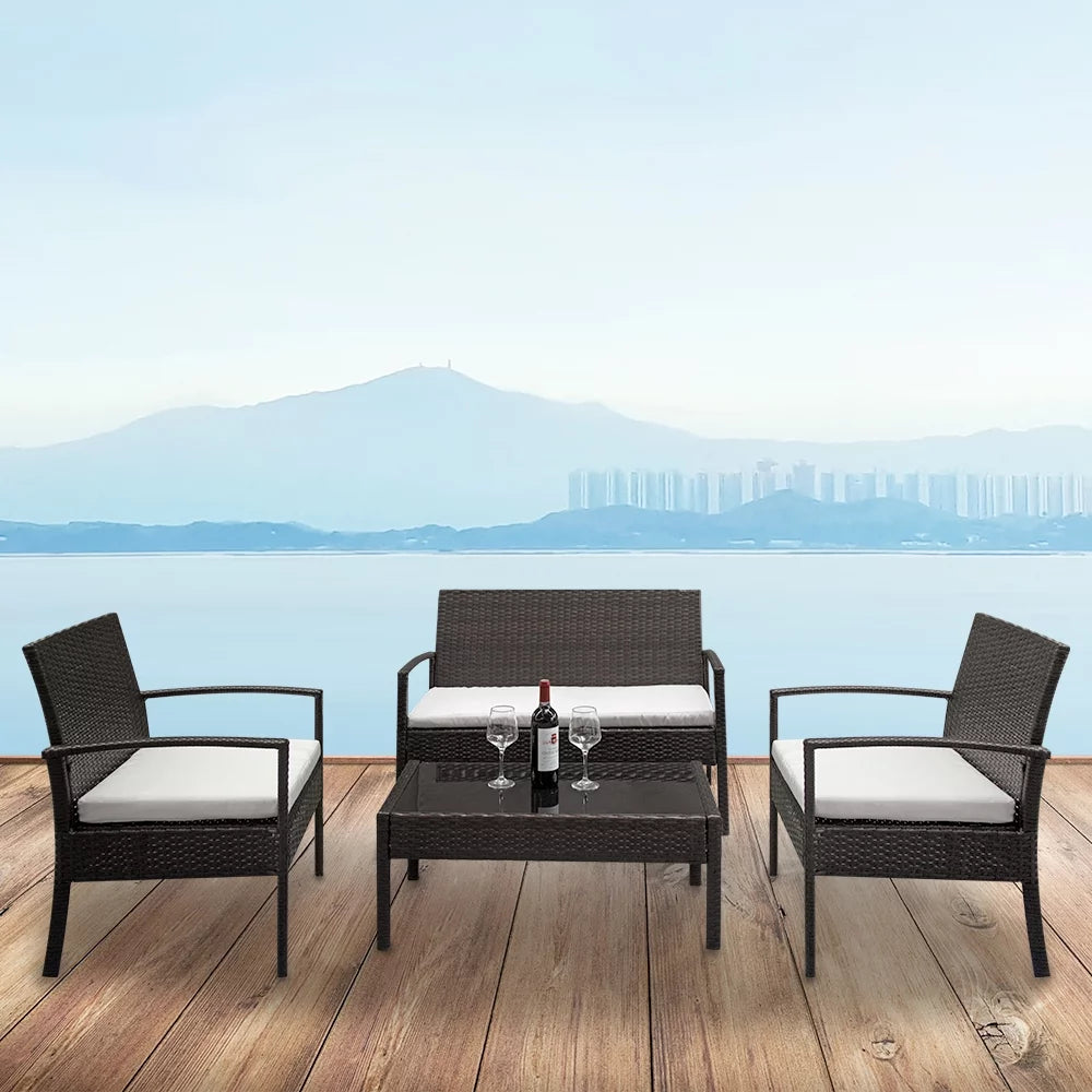 PE Rattan 4PCS Conversation Sofa Set with Cushions Brown V15346