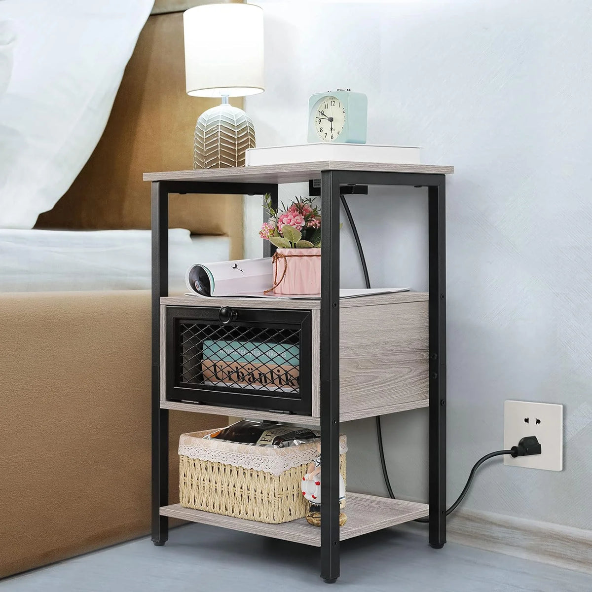 Brown Nightstand with Charging Drawer L578
