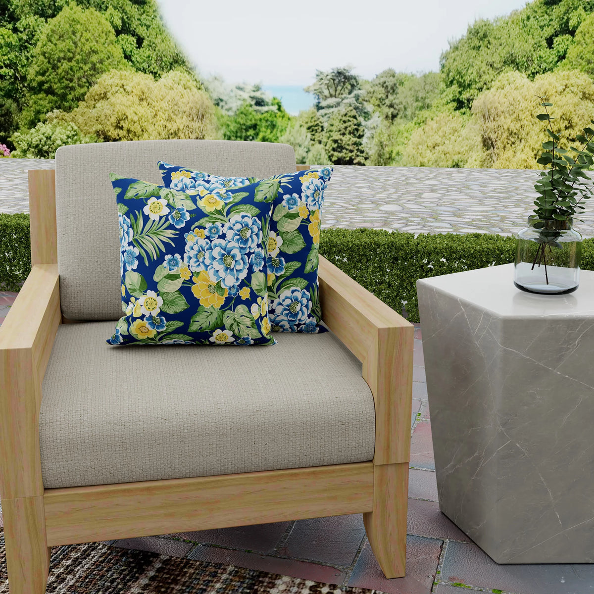 Lapis Blue Floral Square Outdoor Throw Pillow 2 Pack P5211