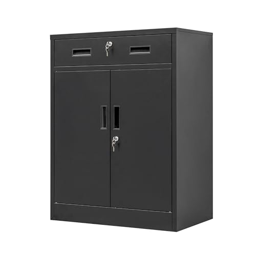 Metal Storage Cabinet with Locking Doors and 2 Drawers, White B159
