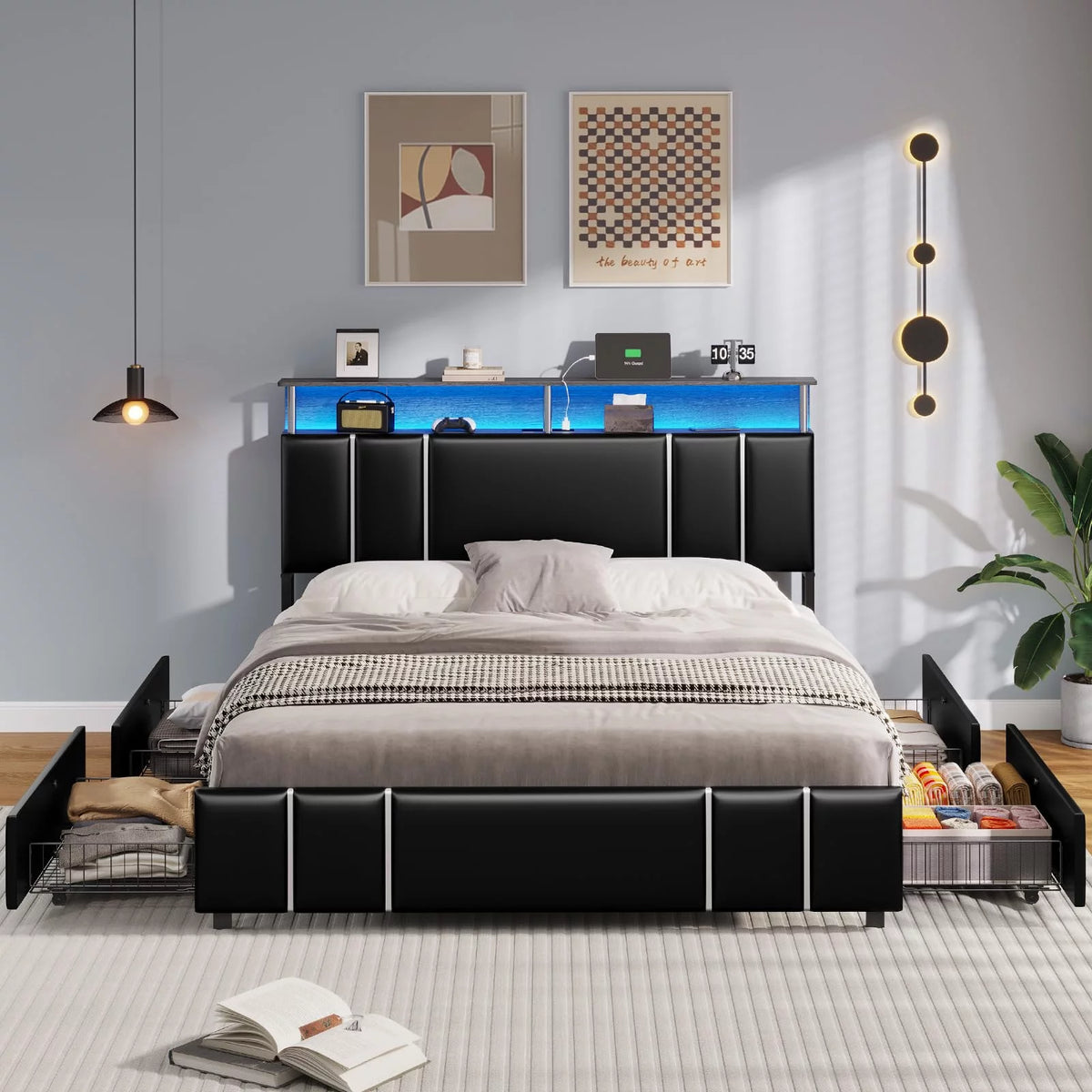 Full Size LED Upholstered Platform Bed with 4 Storage Drawer I886