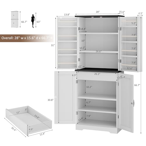 White Freestanding Kitchen Pantry Cabinet with 8 Door Shelves, 2 Cabinets and 1 Drawer O8366