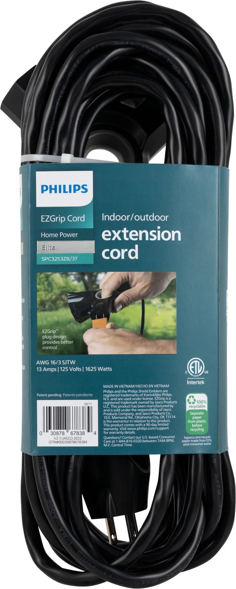 Black 25FT 16 AWG 3-Outlet Extension Cord S741932