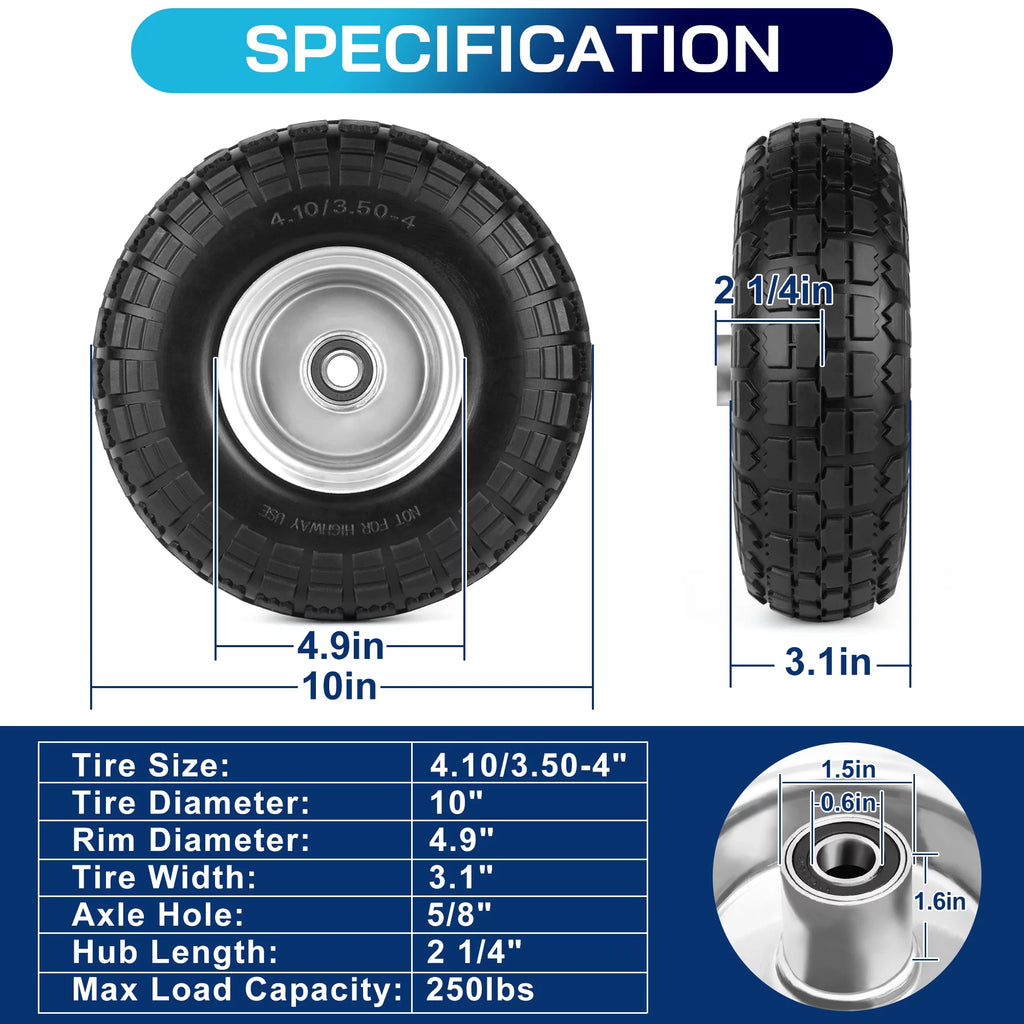 4.10/3.50-4in Flat Free Tire and Wheel, 2 Pack V94411