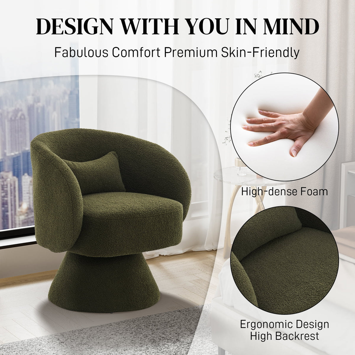 Set of 2 Teddy Fabric Swivel Barrel Chairs with Pillow Q9763