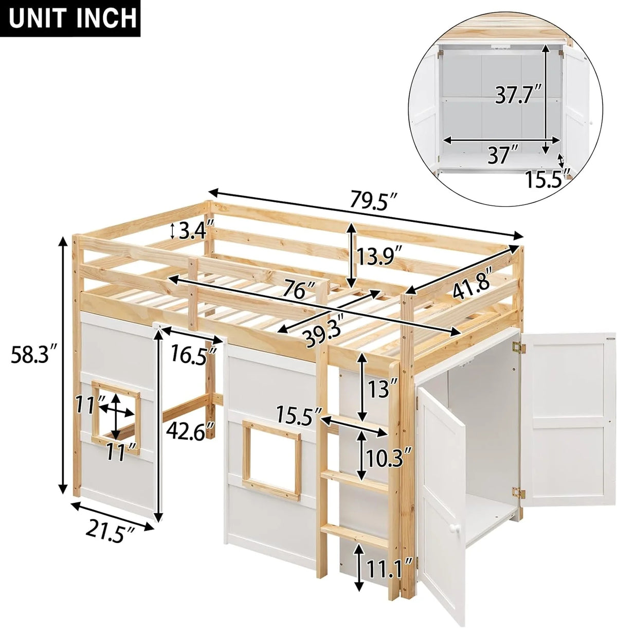 White Wood Loft Bed with Wardrobe and Storage W28177