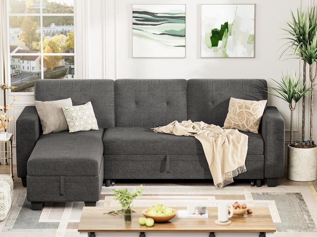 78.3'' W Convertible L-Shape Sofa with Storage Chaise and Pull-out Sofa Bed, Gray W10097