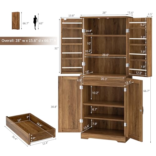White Freestanding Kitchen Pantry Cabinet with 8 Door Shelves, 2 Cabinets and 1 Drawer O8366