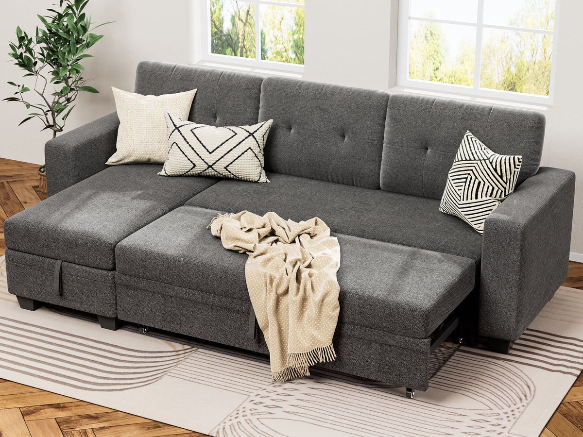 78.3'' W Convertible L-Shape Sofa with Storage Chaise and Pull-out Sofa Bed, Gray W10097