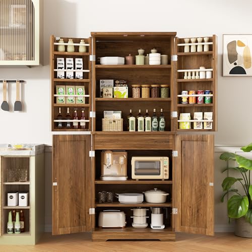 White Freestanding Kitchen Pantry Cabinet with 8 Door Shelves, 2 Cabinets and 1 Drawer O8366