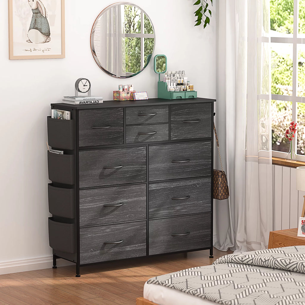 Black 10 Drawer Fabric Dresser with Wood Top N408