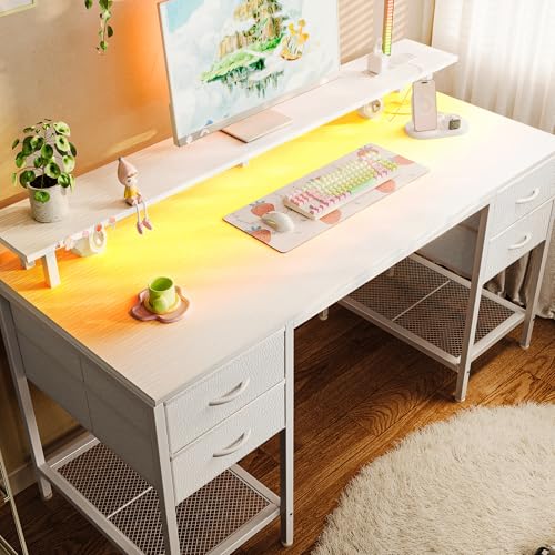 47 inch Computer Desk with 4 Drawers, LED Lights & Power Outlets, Black G471252